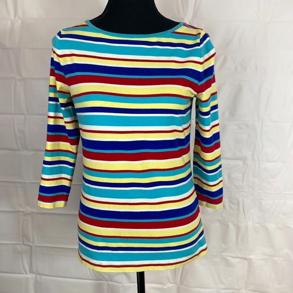 Talbots Tops - Talbots Petite Womens 3/4 Sleeve Multicolored Striped Boat Neck Shirt Size P